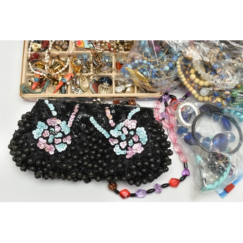 156 - A BOX OF ASSORTED JEWELLERY AND OTHER ITEMS, to include a large selection of beaded necklaces, bangl... 