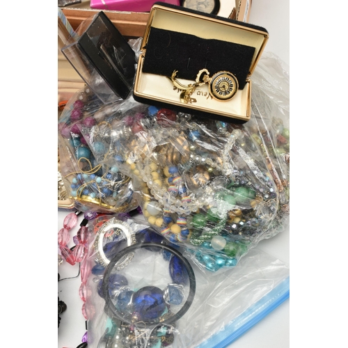 156 - A BOX OF ASSORTED JEWELLERY AND OTHER ITEMS, to include a large selection of beaded necklaces, bangl... 