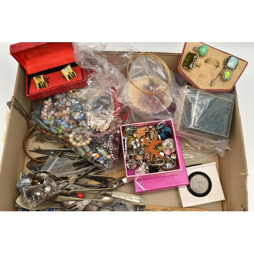 156 - A BOX OF ASSORTED JEWELLERY AND OTHER ITEMS, to include a large selection of beaded necklaces, bangl... 