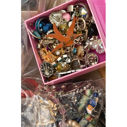 156 - A BOX OF ASSORTED JEWELLERY AND OTHER ITEMS, to include a large selection of beaded necklaces, bangl... 