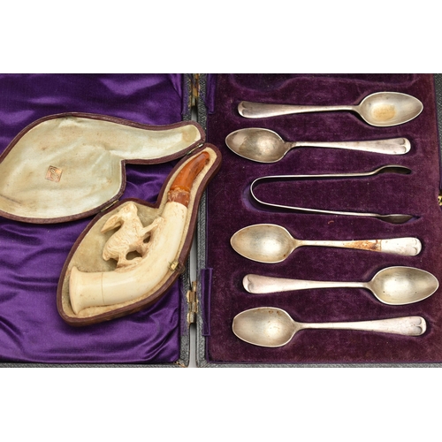 157 - A BOX OF ASSORTED ITEMS, to include an AF meerschaum pipe and case, a silver pommel walking stick, h... 