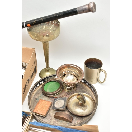 157 - A BOX OF ASSORTED ITEMS, to include an AF meerschaum pipe and case, a silver pommel walking stick, h... 