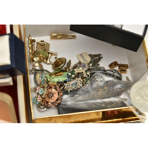 158 - A BOX OF ASSORTED ITEMS, to include a cream jewellery box with contents of costume jewellery, such a... 