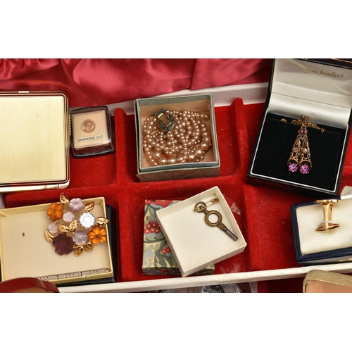 158 - A BOX OF ASSORTED ITEMS, to include a cream jewellery box with contents of costume jewellery, such a... 