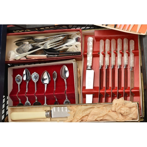 160 - A BOX OF ASSORTED WHITE METAL WARE, to include cased sets of teaspoons, pickle forks, butter knives,... 