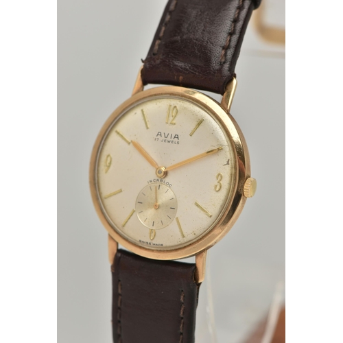 93 - A GENTS 9CT GOLD 'AVIA' WRISTWATCH, manual wind, round silvered dial signed 'Avia 17 Jewels', Arabic... 