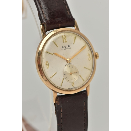 93 - A GENTS 9CT GOLD 'AVIA' WRISTWATCH, manual wind, round silvered dial signed 'Avia 17 Jewels', Arabic... 