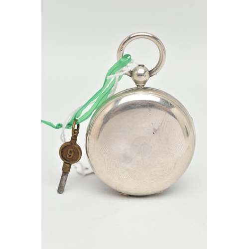 97 - A SILVER EARLY VICTORIAN OPEN FACE POCKET WATCH, key wound movement, round dial, Roman numerals, sec... 