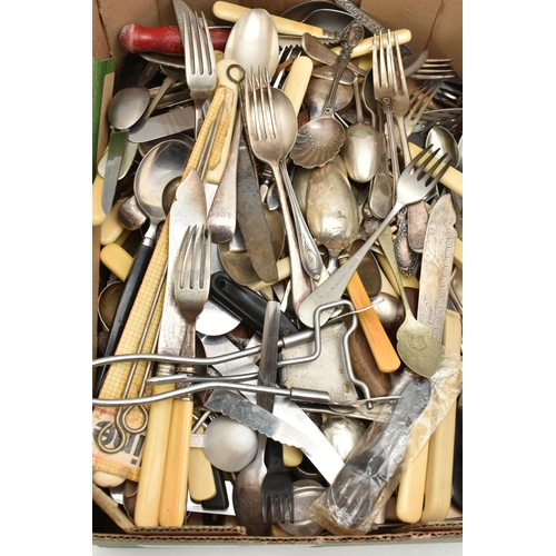 161 - A BOX OF ASSORTED CUTLERY, a large selection of assorted cutlery together with a wooden canteen tray... 