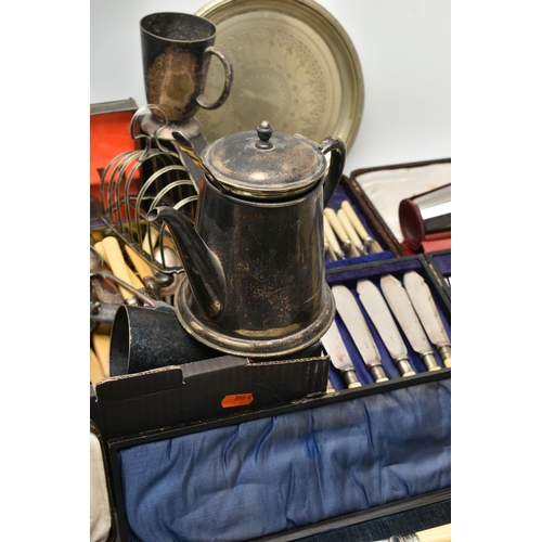 168 - A LARGE BOX OF ASSORTED WHITE METAL, to include tankards, a selection of cased cutlery sets, two toa... 