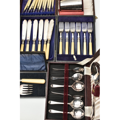 168 - A LARGE BOX OF ASSORTED WHITE METAL, to include tankards, a selection of cased cutlery sets, two toa... 