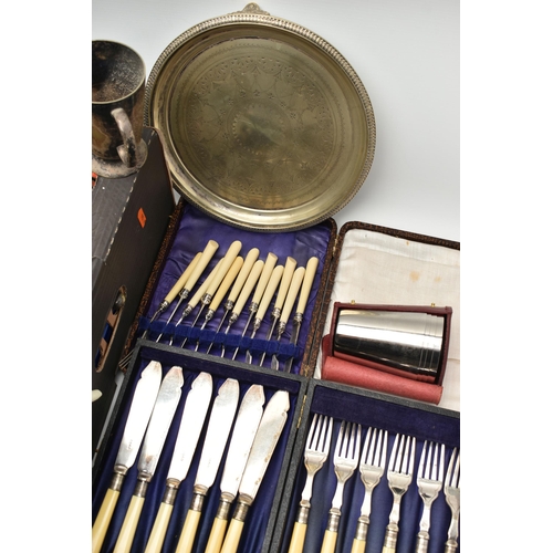 168 - A LARGE BOX OF ASSORTED WHITE METAL, to include tankards, a selection of cased cutlery sets, two toa... 