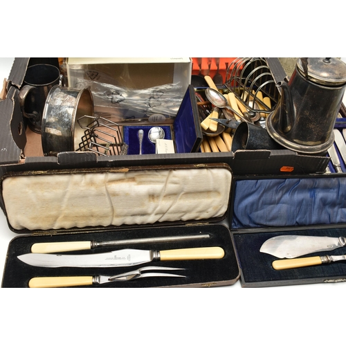 168 - A LARGE BOX OF ASSORTED WHITE METAL, to include tankards, a selection of cased cutlery sets, two toa... 