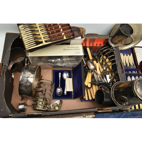 168 - A LARGE BOX OF ASSORTED WHITE METAL, to include tankards, a selection of cased cutlery sets, two toa... 