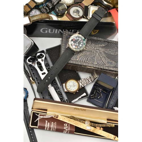 171 - A BOX OF ASSORTED WRISTWATCHES AND ITEMS, to include a wooden box and a tin of mostly quartz fashion... 