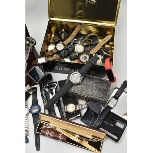 171 - A BOX OF ASSORTED WRISTWATCHES AND ITEMS, to include a wooden box and a tin of mostly quartz fashion... 