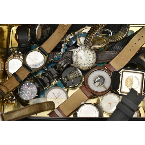 171 - A BOX OF ASSORTED WRISTWATCHES AND ITEMS, to include a wooden box and a tin of mostly quartz fashion... 