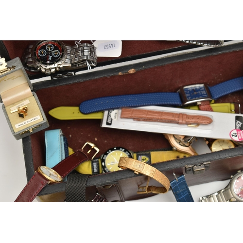 171 - A BOX OF ASSORTED WRISTWATCHES AND ITEMS, to include a wooden box and a tin of mostly quartz fashion... 