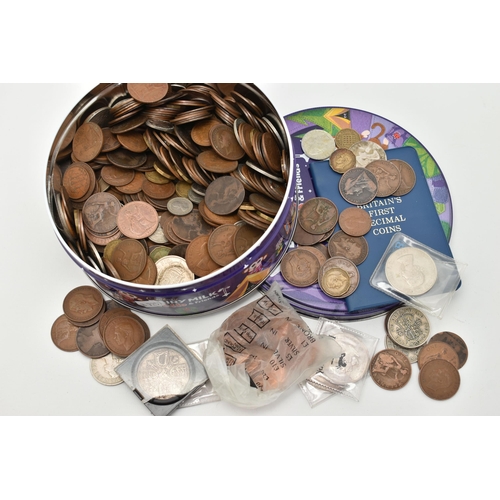 174 - A CADBURY TIN  CONTAINING MOSTLY MID 20TH CENTURY UK COINS, copper to Crowns