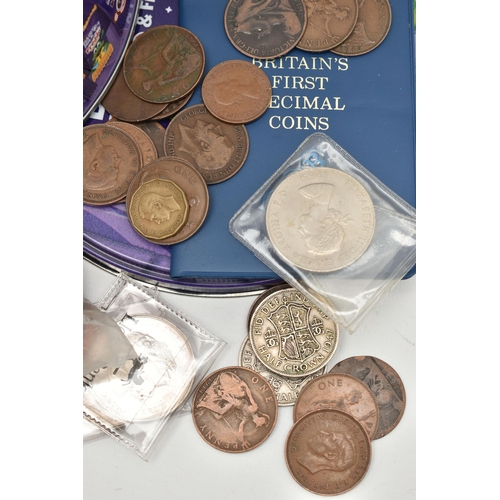 174 - A CADBURY TIN  CONTAINING MOSTLY MID 20TH CENTURY UK COINS, copper to Crowns