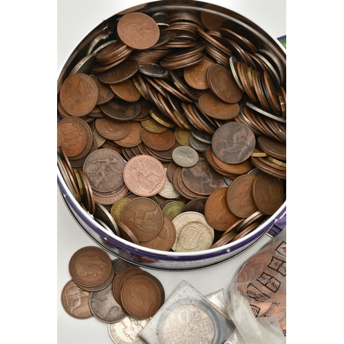 174 - A CADBURY TIN  CONTAINING MOSTLY MID 20TH CENTURY UK COINS, copper to Crowns