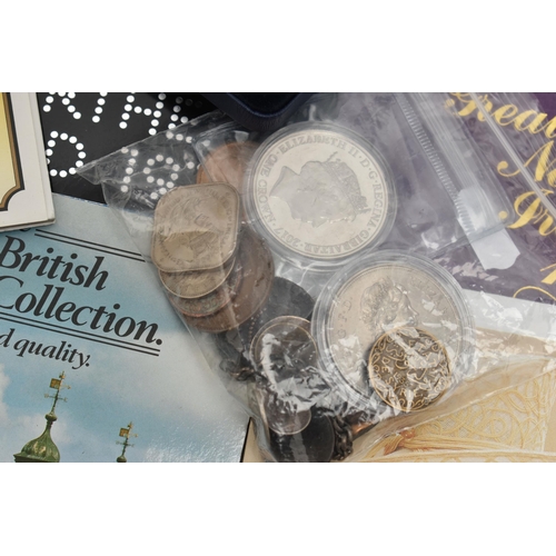 176 - A CARDBOARD BOX CONTAINING MIXED COINS AND COMMEMORATIVES, to include 3x carded £5 coins, a Guernsey... 