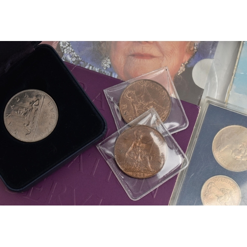 176 - A CARDBOARD BOX CONTAINING MIXED COINS AND COMMEMORATIVES, to include 3x carded £5 coins, a Guernsey... 