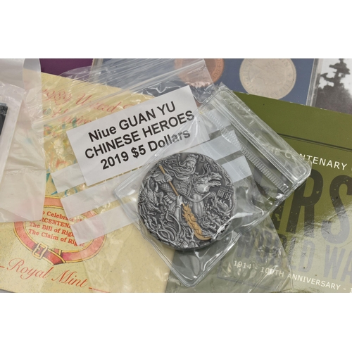 176 - A CARDBOARD BOX CONTAINING MIXED COINS AND COMMEMORATIVES, to include 3x carded £5 coins, a Guernsey... 