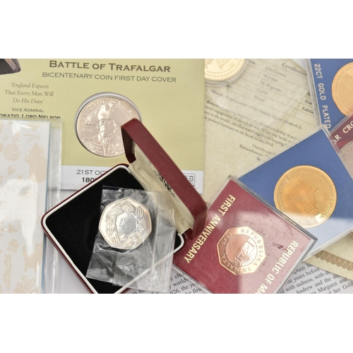 176 - A CARDBOARD BOX CONTAINING MIXED COINS AND COMMEMORATIVES, to include 3x carded £5 coins, a Guernsey... 