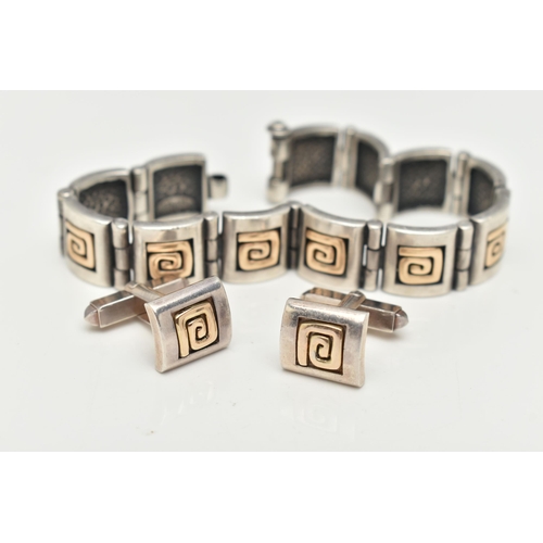 181 - A BI COLOUR GREEK KEY BRACELET AND CUFFLINKS, a white metal bracelet comprised of twelve square pane... 