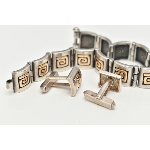 181 - A BI COLOUR GREEK KEY BRACELET AND CUFFLINKS, a white metal bracelet comprised of twelve square pane... 