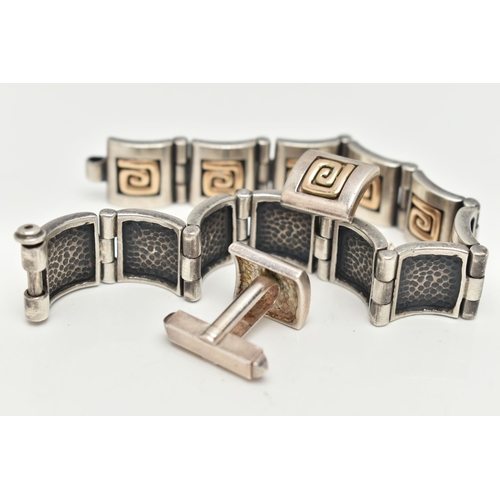 181 - A BI COLOUR GREEK KEY BRACELET AND CUFFLINKS, a white metal bracelet comprised of twelve square pane... 