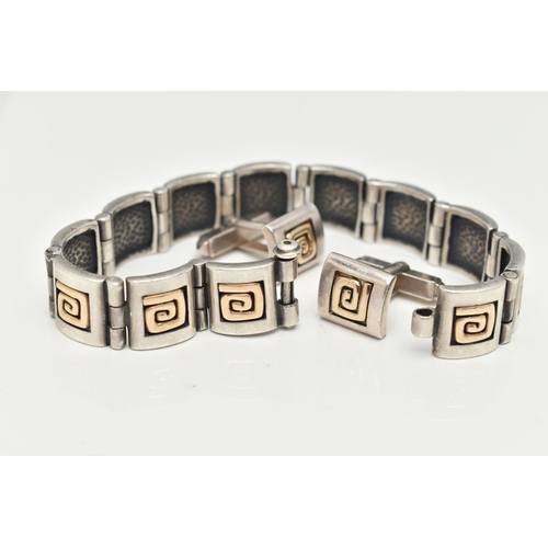 181 - A BI COLOUR GREEK KEY BRACELET AND CUFFLINKS, a white metal bracelet comprised of twelve square pane... 