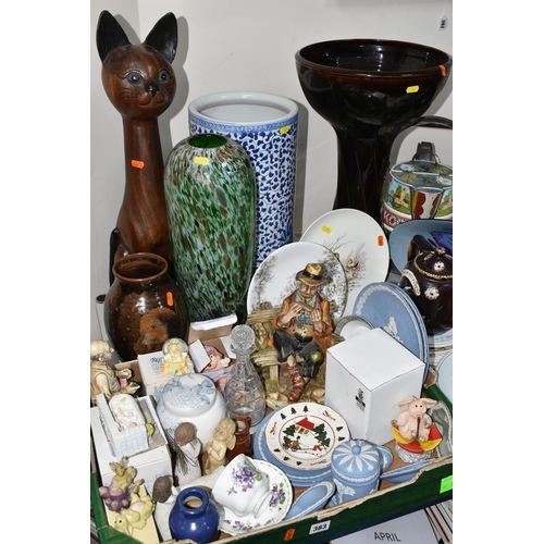 383 - A BOX AND LOOSE CERAMICS AND GLASS WARE, to include a Royal Albert Flowers of the Month 'February: V... 