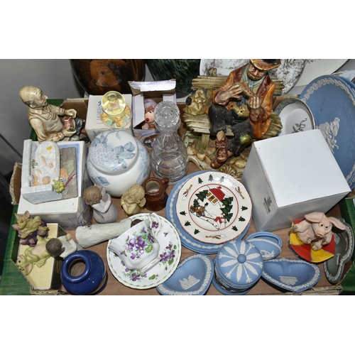 383 - A BOX AND LOOSE CERAMICS AND GLASS WARE, to include a Royal Albert Flowers of the Month 'February: V... 