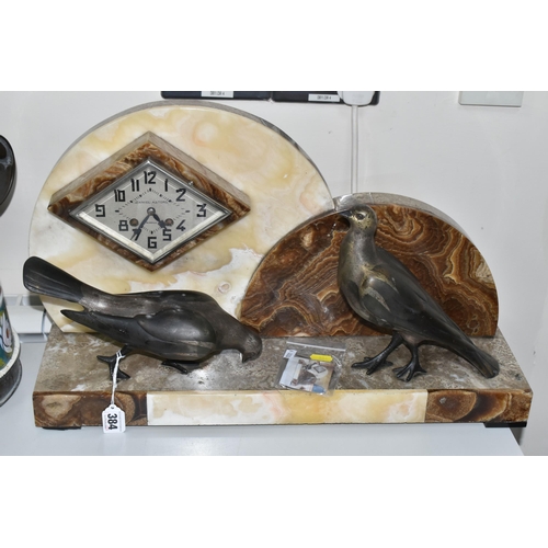 384 - A FRENCH ART DECO CLOCK, the three toned marble case of geometric form, surmounted by two cast metal... 