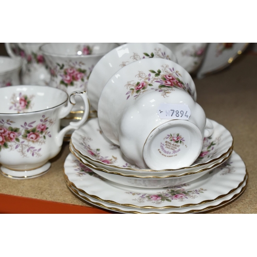 392 - A ROYAL ALBERT 'LAVENDER ROSE' PATTERN TEA SET, comprising a coffee pot, teapot, cake plate, two mil... 