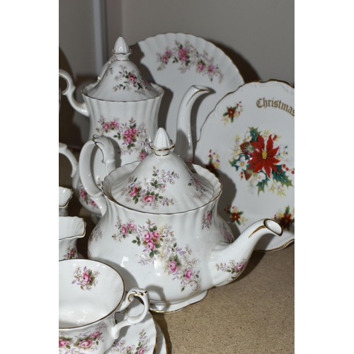 392 - A ROYAL ALBERT 'LAVENDER ROSE' PATTERN TEA SET, comprising a coffee pot, teapot, cake plate, two mil... 