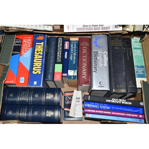 399 - THREE BOXES OF BOOKS, over sixty books to include assorted topics, recipe books, dictionaries, self-... 