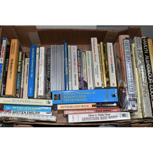 399 - THREE BOXES OF BOOKS, over sixty books to include assorted topics, recipe books, dictionaries, self-... 