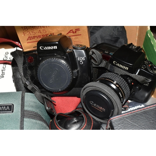 433 - A BOX OF CAMERAS AND OTHER PHOTOGRAPHIC EQUIPMENT, to include Canon EOS5 and EOS100 35mm cameras, th... 