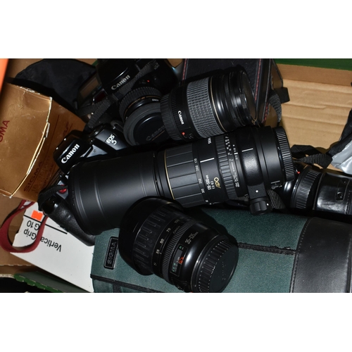 433 - A BOX OF CAMERAS AND OTHER PHOTOGRAPHIC EQUIPMENT, to include Canon EOS5 and EOS100 35mm cameras, th... 