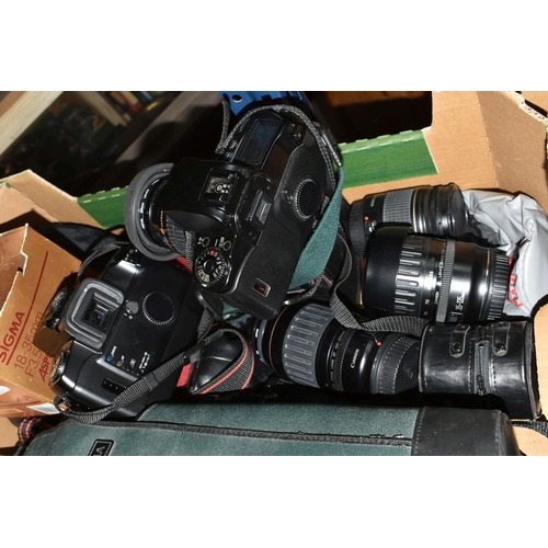 433 - A BOX OF CAMERAS AND OTHER PHOTOGRAPHIC EQUIPMENT, to include Canon EOS5 and EOS100 35mm cameras, th... 