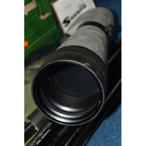 434 - TWO BOXES AND LOOSE OPTICAL AND PHOTOGRAPHIC EQUIPMENT, to include a boxed Kowa TSM-822 spotting sco... 