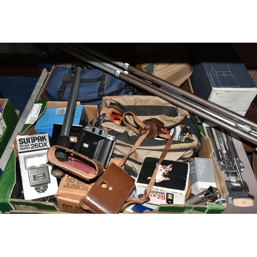 434 - TWO BOXES AND LOOSE OPTICAL AND PHOTOGRAPHIC EQUIPMENT, to include a boxed Kowa TSM-822 spotting sco... 