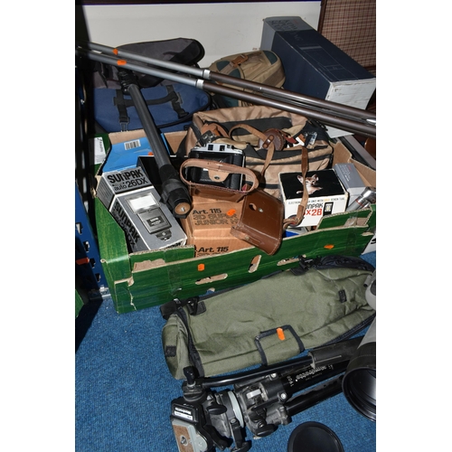 434 - TWO BOXES AND LOOSE OPTICAL AND PHOTOGRAPHIC EQUIPMENT, to include a boxed Kowa TSM-822 spotting sco... 