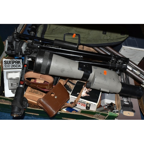 434 - TWO BOXES AND LOOSE OPTICAL AND PHOTOGRAPHIC EQUIPMENT, to include a boxed Kowa TSM-822 spotting sco... 