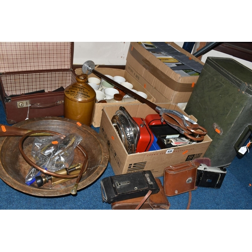 435 - THREE BOXES AND LOOSE CERAMICS, METAL WARE AND SUNDRY ITEMS, to include a stoneware flagon marked 'M... 