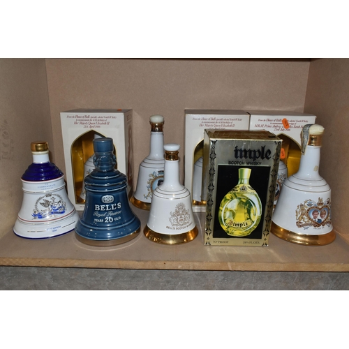 821 - NINE DECANTERS/ BOTTLE OF  WHISKY comprising three BELL'S  Wade Decanters commemorating the 60th Bir... 