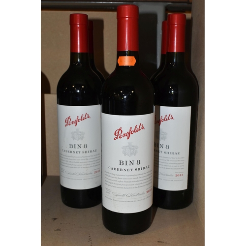 828 - WINE, Seven Bottles of PENFOLDS BIN 8 CABERNET SHIRAZ 2013 (Aus) 14.5% vol. 750ml, all seals intact